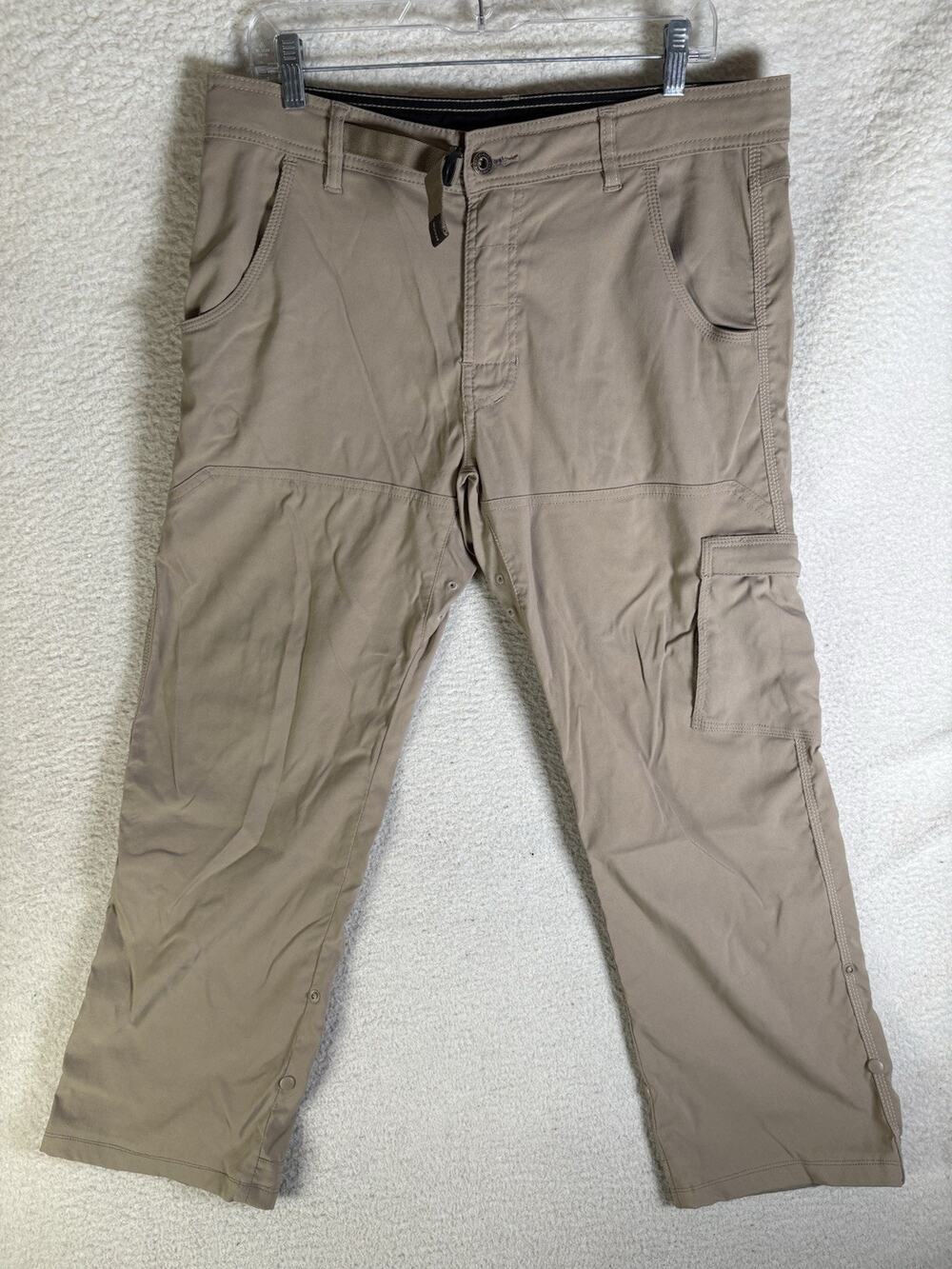 PrAna Zion Cargo Pants Mens Medium Beige Belted Outdoor Hiking Camping Roll Up